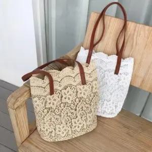 로맨틱 파우치 레이스 쇼퍼백 에코백 여름 가방 휴가 가방 여성 여성용 여행 왕골 비치 데일리 토트 왕골