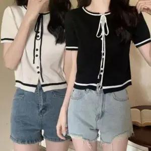 패션스타일 반크롭 스타일 여름 가디건 여성 귀여운 디자인 니트