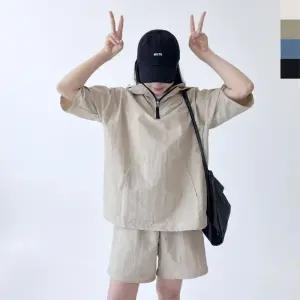 T 60W 여자 후드 아노락세트 커플 셋업 반팔 반바지 오버핏 운동복 셋업 트레이닝 반바지