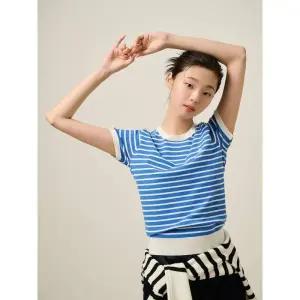 빈폴 레이디스 코튼 혼방 스트라이프 반소매 풀오버 스카이블루 BF5251C04Q 국내매장판 1652169