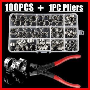 100개 304 스테인리스 스틸 싱글 이어 호스 클램프 모음 + 바이스 링 크림프 핀치 세트 목공 파이프