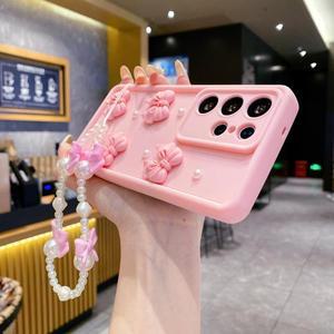 삼성 갤럭시 S26 S25 S34 S23 S22 S21 울트라 S25 엣지 S20FE S24 FE용 3D 펄 핑크 리본 폰 케이스, 팔찌형