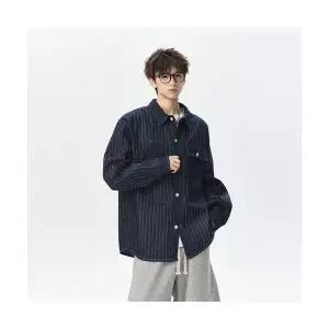 코아픽샵 남자 데님 빈티지 가을 캐주얼 순면 키작남 셔츠 긴팔 스트라이프 체크 꾹3