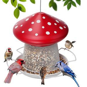 IWNTWY 새 모이통, 야외 걸이용 헤비 듀티 금속 귀여운 버섯 모양 3.5파운드 대용량 정원용 야생 모이통 (빨간색)