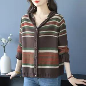 스트레인지 여사친 니트 빈티지 캐주얼 데일리룩 간절기 카디건 후드 스트라이프 봄가을옷 겉옷 슬림핏 KUK