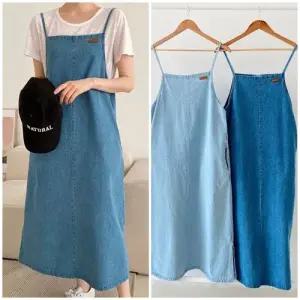 여성 뷔스테이 민소매 끈나시 프렌치 데님 롱원피스