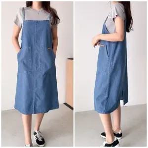 여성 뷔스티에 투포켓 민소매 끈나시 데님 롱원피스