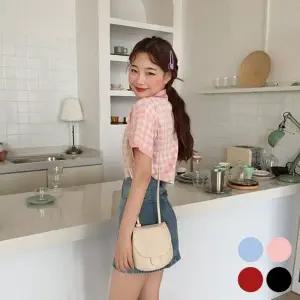 카라 여성 체크 니트 크롭 반팔 니트 티셔츠 여름