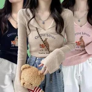 여성 카라 브이넥 니트 티 봄 가을 긴팔 티셔츠 니트티 여자 프린팅 기본 여성봄 간절기