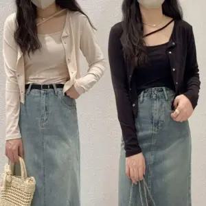 패션스타일 짧은 여성 피스 가디건 스타일 크롭 투 나시 기장