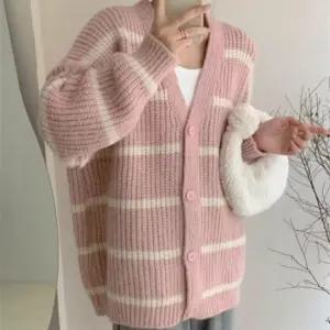 패션스타일 가디건 니트 루즈핏 단가라 롱 스트라이프 데일리