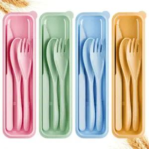 콰티쉬 재사용 여행 도구 케이스 포함 캠핑 4세트 도시락 주방 피크닉 및 일상 사용을 위한 휴대용 밀짚