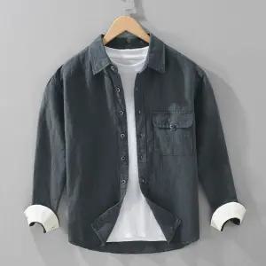 픽호샵 남성용 캐주얼 빈티지 봄가을 린넨 키작남 솔리드 긴팔 셔츠 루즈핏 스퀘어넥 빅사이즈 상의 2422 꾹3