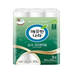 깨끗한나라 순 수 프리미엄 와이드 화장지 30롤 3겹 30m 두루마리 휴지(SH)