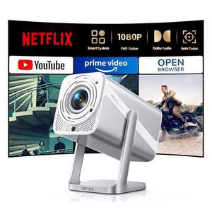 [4K 지원 / 자동 초점 360 조절 가능 스탠드] WiFi 6 및 Bluetooth 5.2가 탑재된 스마트 프로젝터-4K, 네이티브 1080P 미니 휴대용 프로젝터, 돌비 오디