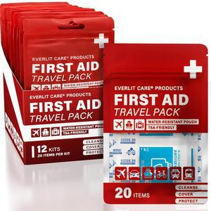 에버릿 케어 여행용 붕대 팩 | 12개의 개별 패킷, 이동 중 필수품 20개가 포함된 대용량 휴대용 미니 응급처치 키트 | 청소, 커버 및 보호가 가능한 컴팩트 방수 재사용 파우치