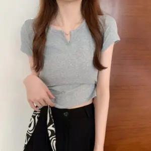 여성 여름 슬림핏 크롭 앞트임 심플 무지 반팔 티셔츠