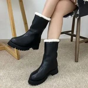 기모 퍼 미들부츠 여성 심플 캐주얼 겨울 부츠 미들부츠 여성부츠