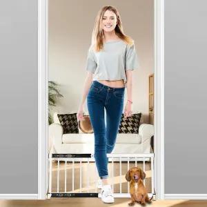 소형견을 위한 화이트 메탈 개 게이트 - 접이식 슬라이딩 레일 설치 없음 실내/외 사용 및 휴대용 반려동물