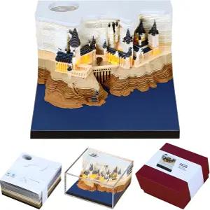 타임피스 캘린더 2026 3D 스티키 노트 주간 및 LED 조명이 있는 매직 캐슬 종이 조각 아트 메모 패드