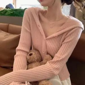 얇은 골지 니트 여성 간절기 크롭 긴팔 후드 가디건