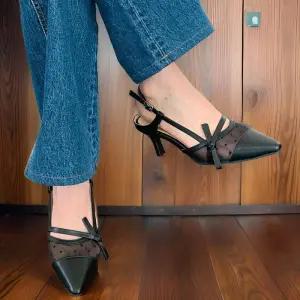 [신상오픈런]여성 도트 슬링백 리본 장식 스틸레토 구두 (32456506)