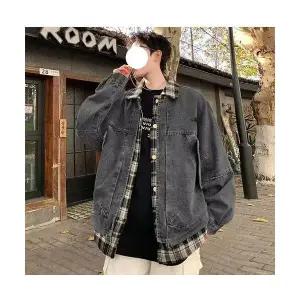 키체샵 남성 청자켓 체크 페이크 데님 코트 봄 가을 캐주얼 상의 HO3