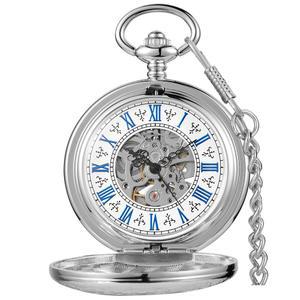 알웨삼 남성 포켓 워치 스켈레톤 기계식 핸드 와인딩 하프 헌터 실버 블랙 골든 케이스 로마 숫자 선물 상자 포함