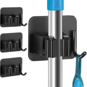 DOMAXCAI 4팩 미끄럼 방지 빗자루 홀더 공간 절약 손상 없는 벽걸이 스테인리스 스틸 블랙