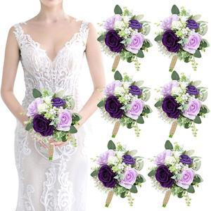 퍼플 신부 들러리 부케 조화 세트 결혼 기념일 작은 샤워 제안 꽃다발 장식 브라이덜 제작 소박한 장미 파티 사전 6개 결혼식용 17 8CM 7인치