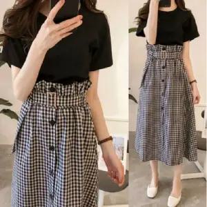 롱스커트 여성 여름코디 체크 티셔츠 반팔 세트