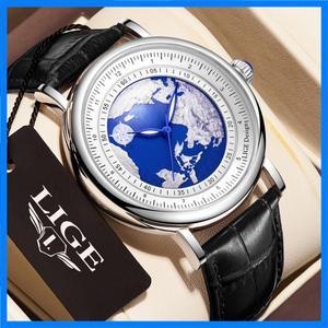 LIGE 남성용 시계 블루 플래닛 크리 에이 티브 어스 패션 쿼츠 손목 시계 가죽 스포츠 시계 남성용 빛나는