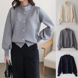 빅사이즈 봄 가을 하프넥 니트 가디건 간절기 자켓 도톰 오버핏 루즈핏 퍼프소매 진주가디건