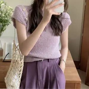 여름 쿨한 여자 캡소매 숏반팔 라운드 니트 티셔츠