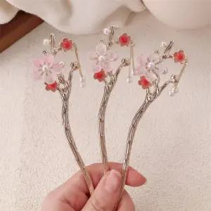 올림머리 비녀 매화꽃 체인 뒤꽂이 금속 진주 나무