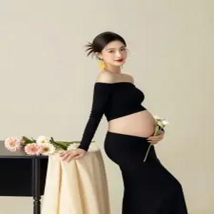 블랙 만삭 촬영 투피스 임산부 사진의상 오프숄더 스커트 슬림핏 셀프 크롭 배꼽티