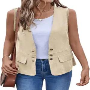 미나 셀프 2025 여성 여름 면 린넨 조끼 민소매 경량 버튼 다운 브이넥 캐주얼 패션 워크 재킷