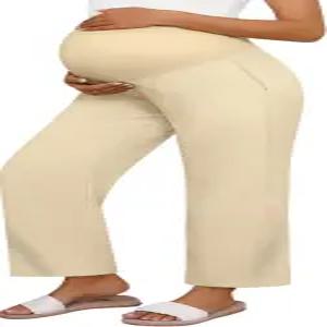 후케이 여성용 코튼 린넨 혼방 임산부 바지 하이웨이스트 라운지 임신 포켓이 있는 배 위