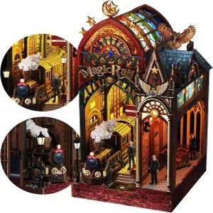 LED 조명과 음악이 있는 3D 나무 퍼즐 책 Nook Kit 매직 기차역 미니어처 키트 책장 장식 성인 및 도서