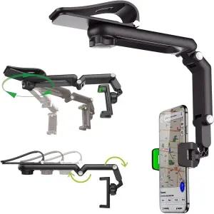 Ivieicp 회전 및 접이식 자동차 휴대폰 홀더 - 1080 다기능 선바이저 유니버설 360 차량 후방 뷰 미러용