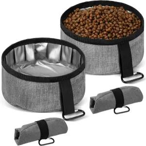 Meanplan 2팩 휴대용 개 그릇 접이식 여행용 접시 강아지 물 및 음식 애완동물 하이킹 액세서리(그레이