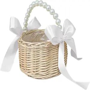진주 손잡이가 달린 플라워 걸 바구니 결혼식 꽃바구니 귀여운 라탄 위커 흰색 리본 수납 홈 데코용 장식