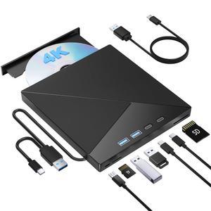 7인치 1 외장 블루레이 드라이브, 4K 버너(USB 3.0 Type-C 휴대용 드라이브 포함), CD DVD 버너 3D BD 플레이어(SD /TF 포트 Windows MacOS 노트북 데스크톱과 호환되는 광학