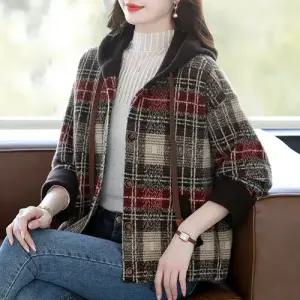 여친 니트 모직 트렌디 아이템 카디건 후드 가을겨울 체크 집업 상의 HT4