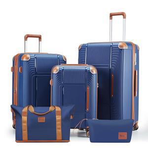 볼라투 5피스 러기지 세트 PP 하드쉘, 더플 & 세면도구 가방 포함, 분리 가능한 스피너 휠 포함 기내용 여행 세트(20/24/28), YKK 지퍼 코너 가드, 경량 TSA 잠금장치(네이비 블루)