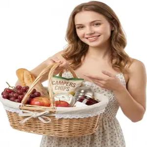 이중 접이식 손잡이가 있는 힐티 라탄 피크닉 바구니 데이지 버랩 라이너 손으로 짠 다용도 부활절 달걀