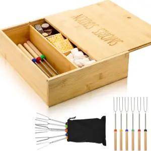 레몬로드 13.4 x 11.2 3.5 인치 스모어 키트 뚜껑이 있는 대나무 S More 박스 확장 가능한 로스팅 스틱 6개