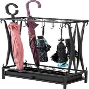 마이기프트 모던 블랙 메탈 우산 랙 21개의 슬롯과 12개의 후크 및 탈착식 베이스 드립 트레이 포함