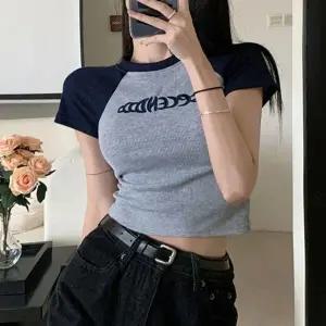 배색 반팔 여성 크롭 골지 나그랑 여름티셔츠 슬림핏