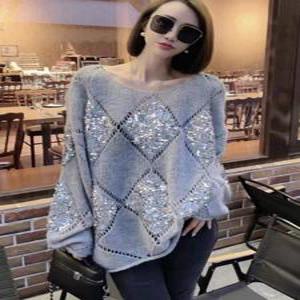 다이아몬드 격자 무늬 스팽글 스웨터 봄 가을 니트 반짝이니트